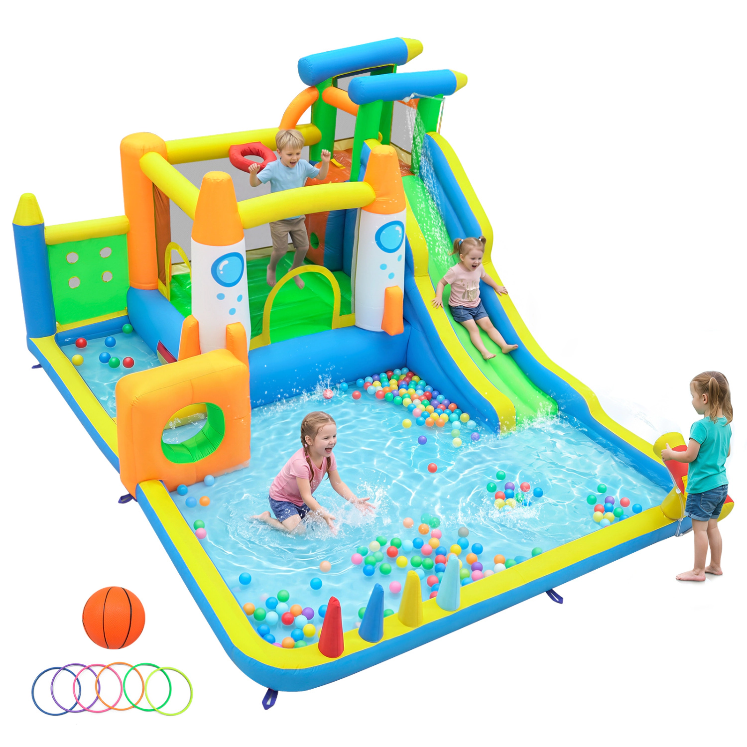 LJG 10-in-1 Inflatable Bounce House with Water Slide for Kids without Blower