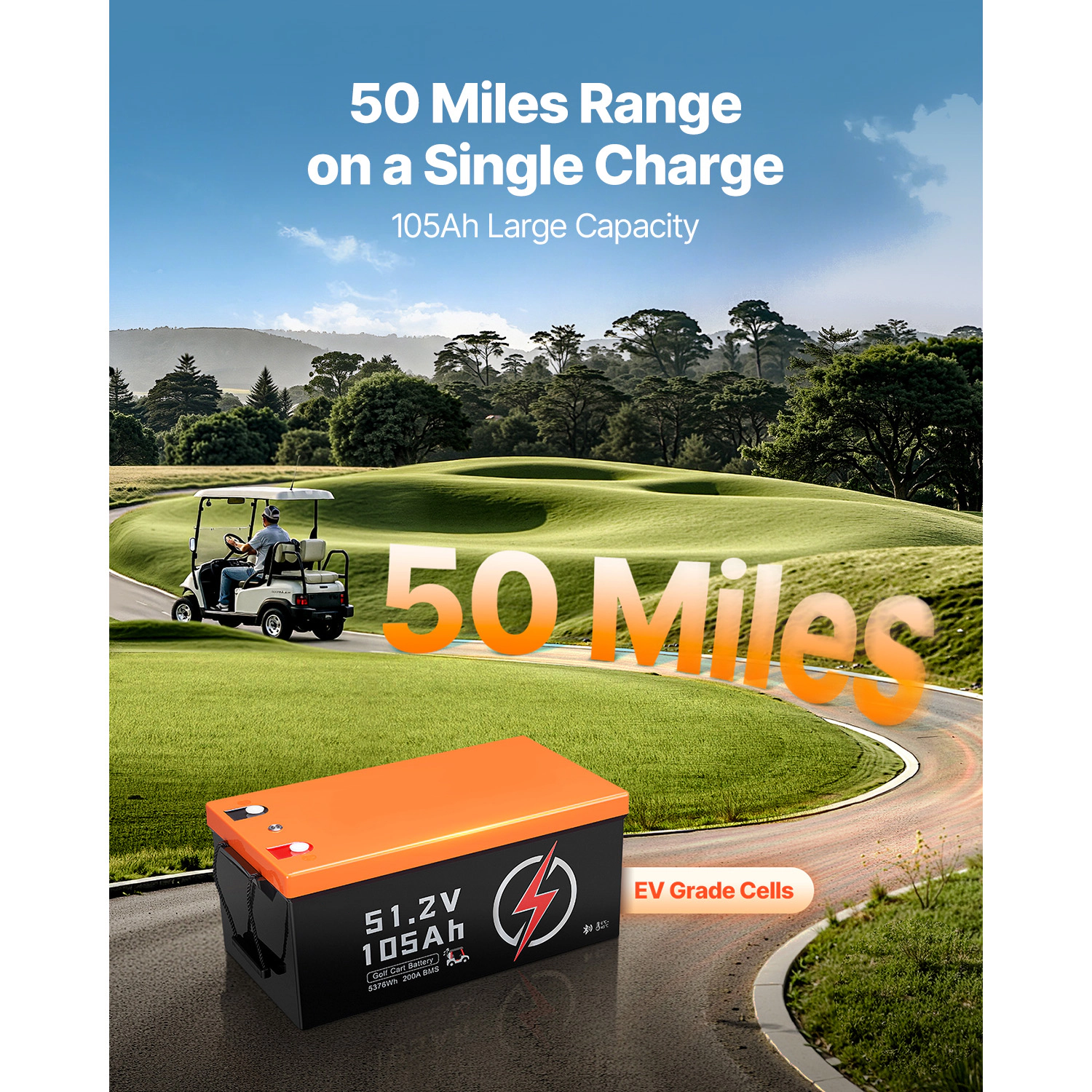 HONGGE 105Ah Golf Cart Lithium Battery Golf Cart Battery with 200A BMS LCD Monitor and Mobile APP LiFePO4 Battery with