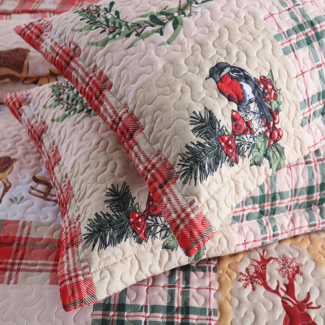 MarCielo 3 Piece Christmas Quilt Set Lightweight Holiday Plaid Patchwork Bedspread Set