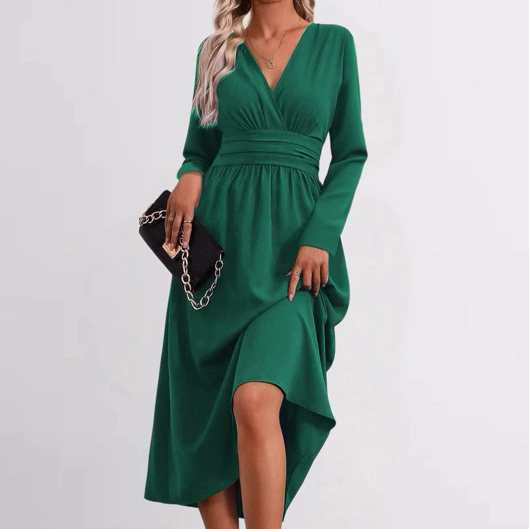 YesFashion Womens V Neck Long Sleeve Midi Dress Elegant Flowy Wedding Guest Holiday Formal Dresses