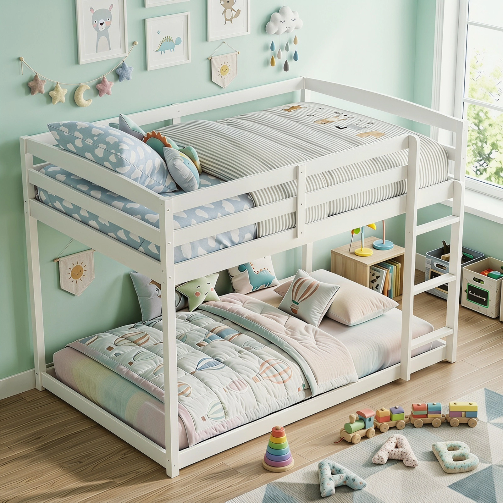 SUGIFT Full-Over-Full Low Bunk Bed, Solid Pine, 3-Step Ladder, 12-in Guardrails, White