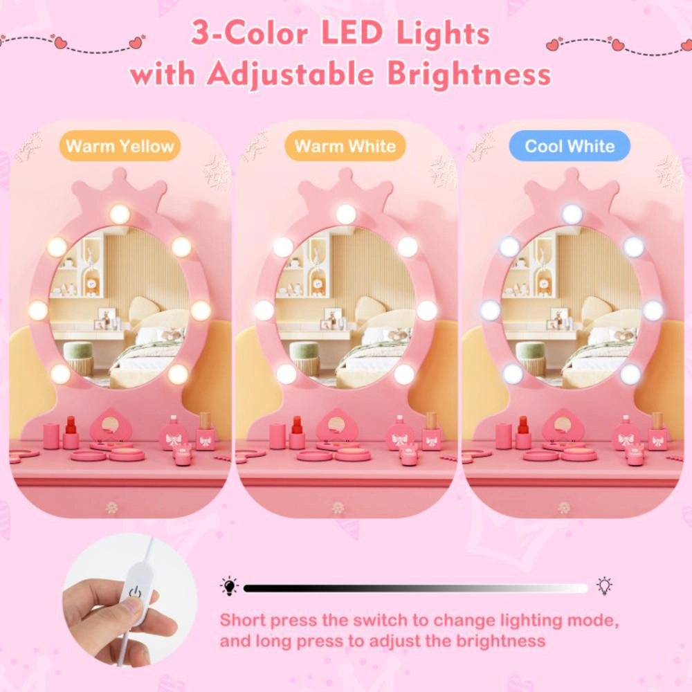Hivvago Kids Vanity Set With Lighted Mirror Adjustable Brightness And Large Drawer