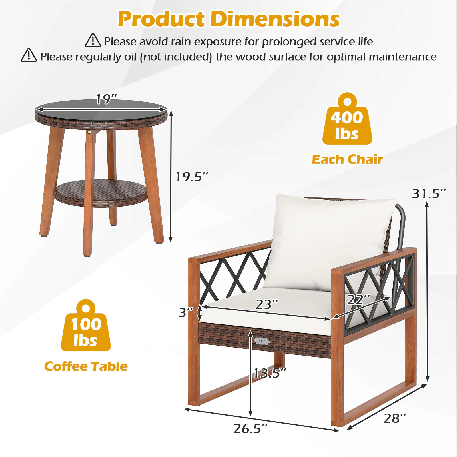 LJG 3 Pieces Patio Furniture Set with Tempered Glass Top Table and Soft Cushions