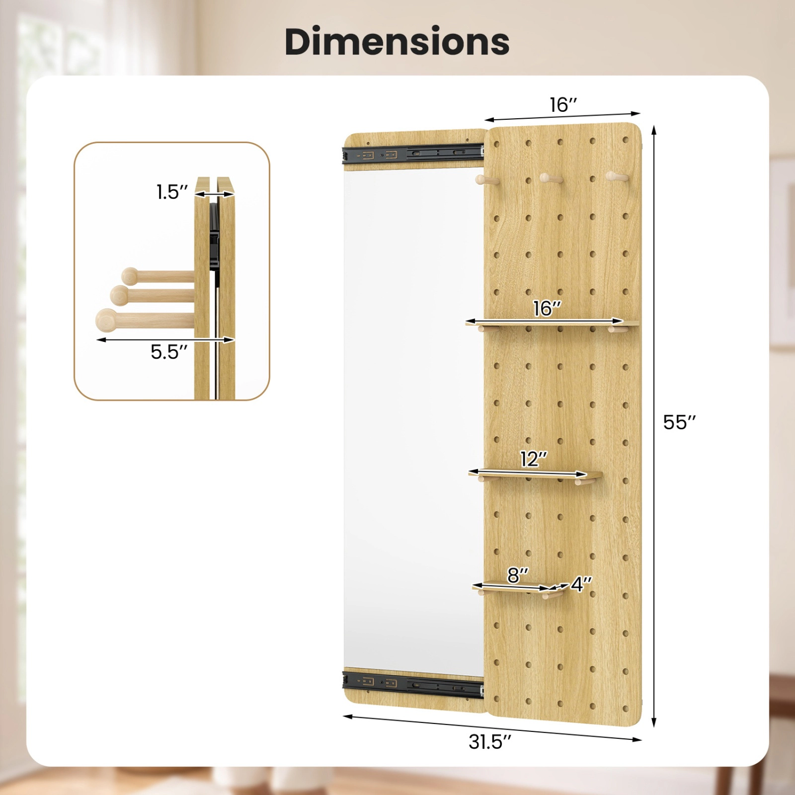 SUGIFT Solid Wood Full Length Mirror Natural with Pegboard Shelves and Hooks