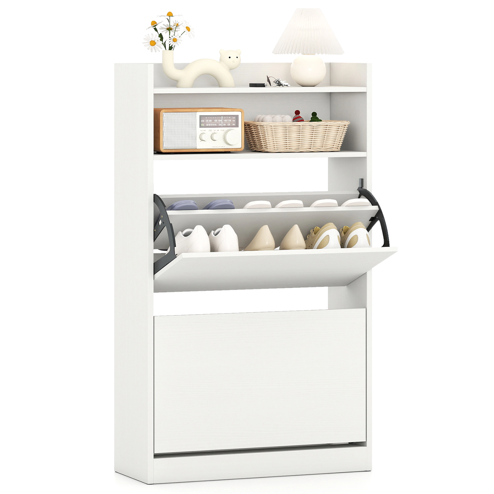LJG Shoe Storage Cabinet Hidden Shoe Rack with 2 Flip Drawers Adjustable and Removable Shelves