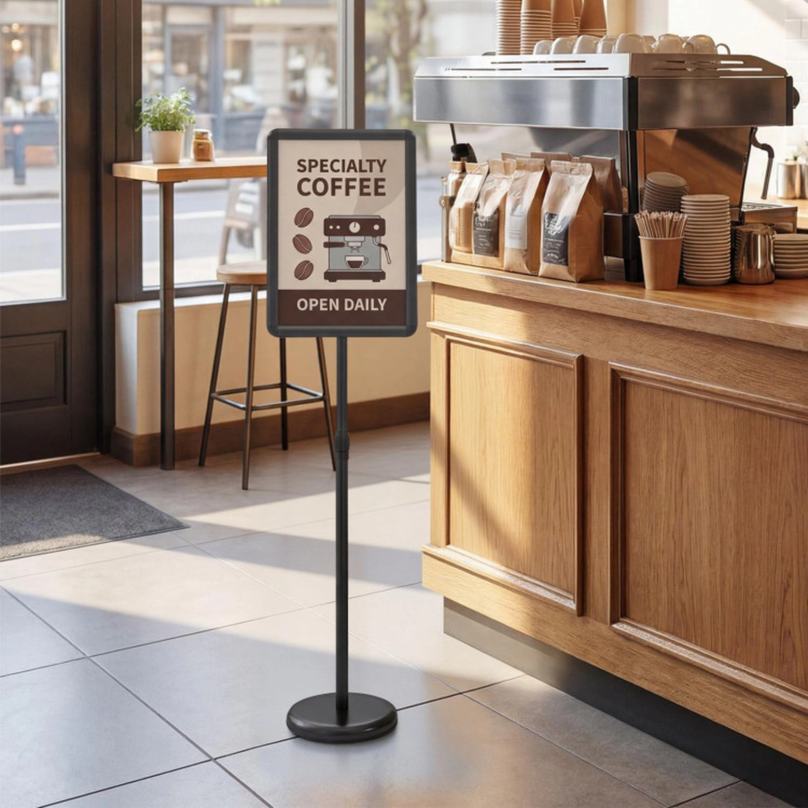 SUGIFT Height Adjustable 11 x 17-in Snap-Open Sign Holder Stand with Telescoping Pole and Fillable Base Black