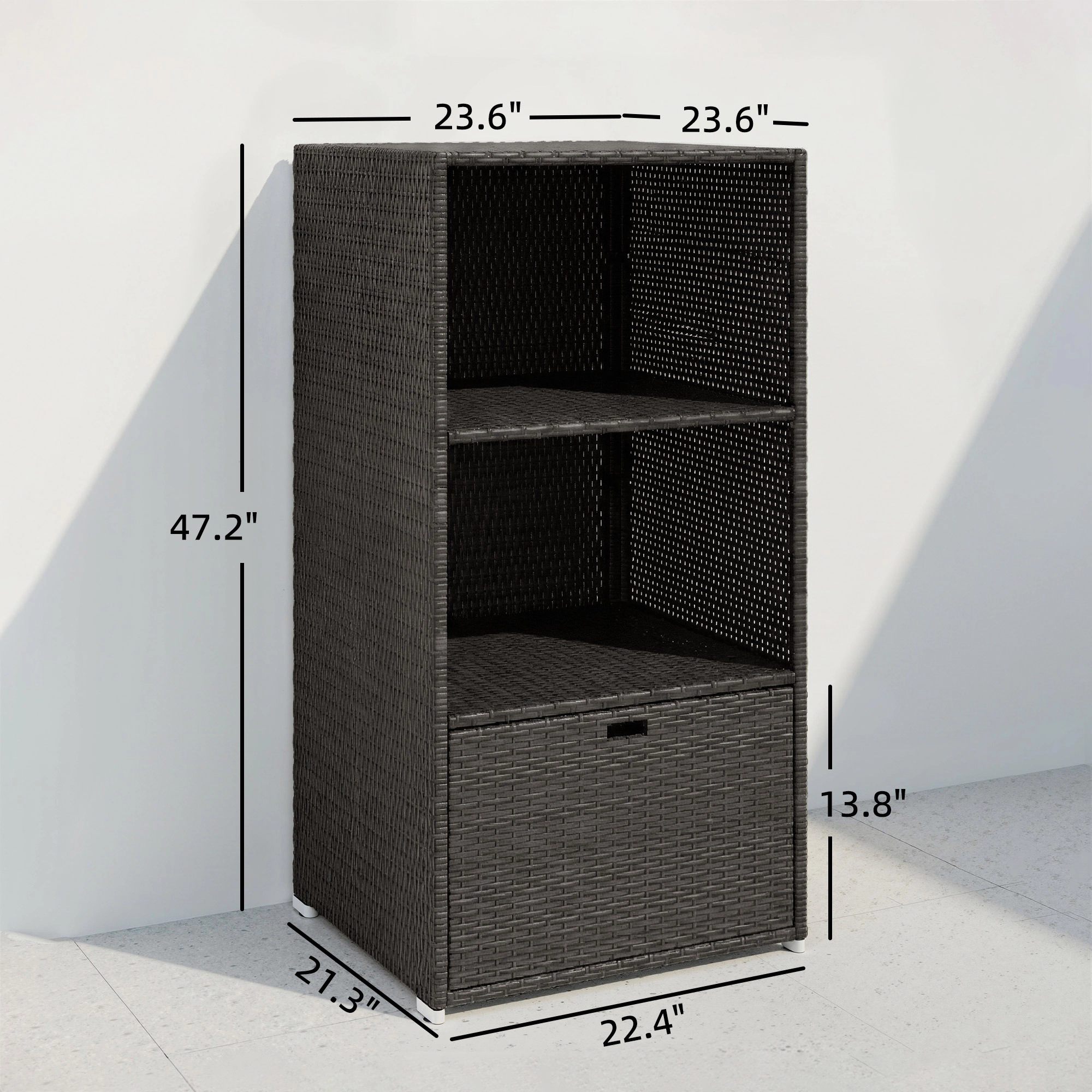 HONGGE Valet Pool Towel Rack, Water-Resistant PE Plastic Rattan Wicker Storage Organizer, 2 Shelves, 1 Basket Drawer