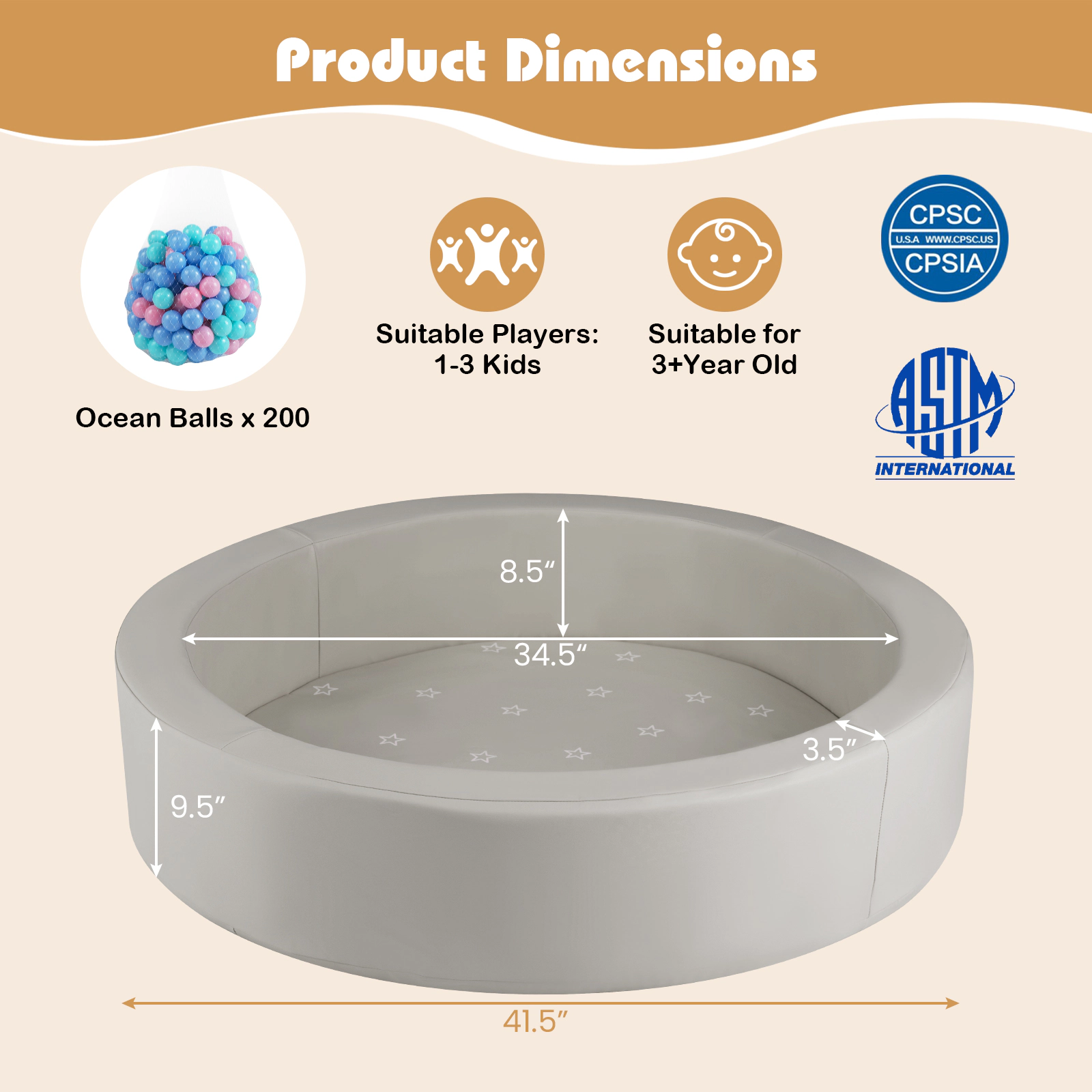41.5-in Round Foam Ball Pit for Toddlers 200 Ocean Balls Included 25D Sponge Walls and Washable PU Cover Ages 3+ Gray