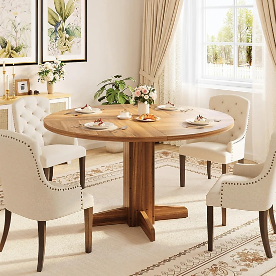 BebreezChic 47" Round Dining Table for 4-6 People, Wood Kitchen Table with Pedestal Base, Farmhouse Style