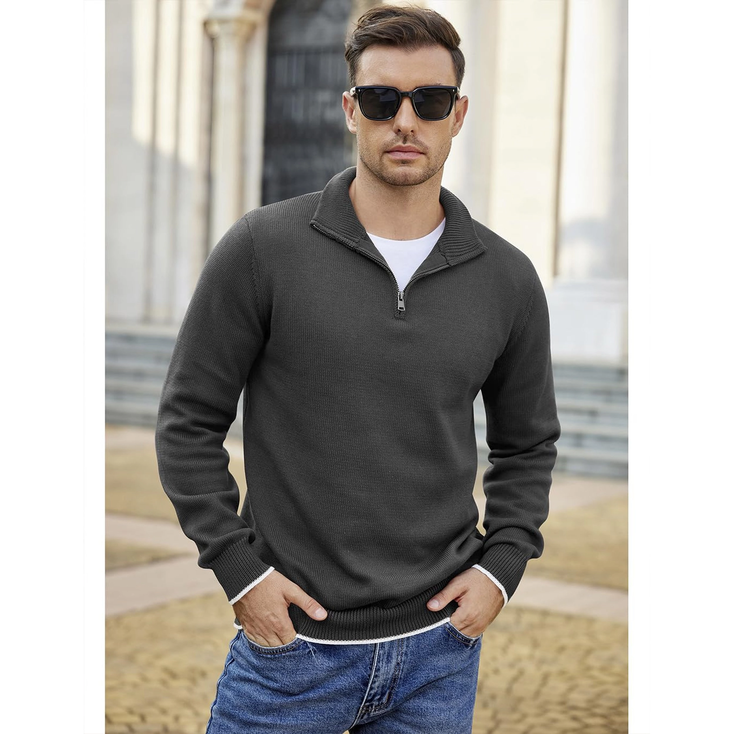 COOFANDY Men's Regular Fit Mock Neck Quarter Zip Pullover Sweater