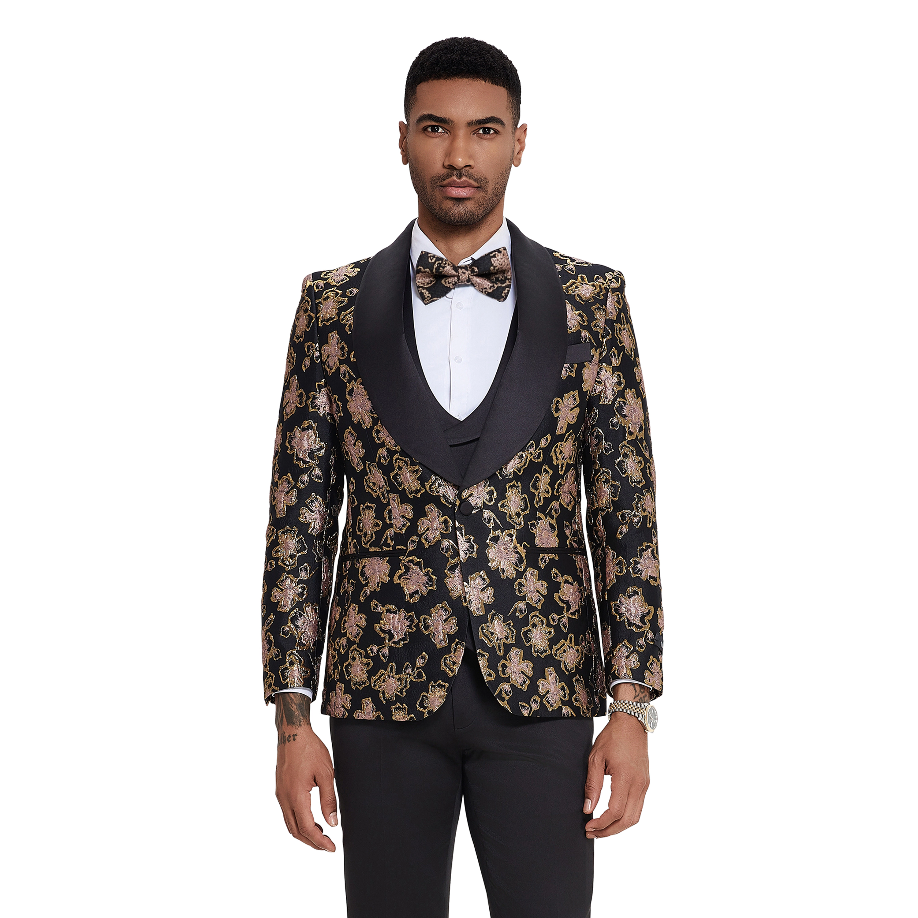 Tazzio Mens Skinny Fit Double Breasted 2 Piece Tuxedo Set with Velvet Black Peak Lapel