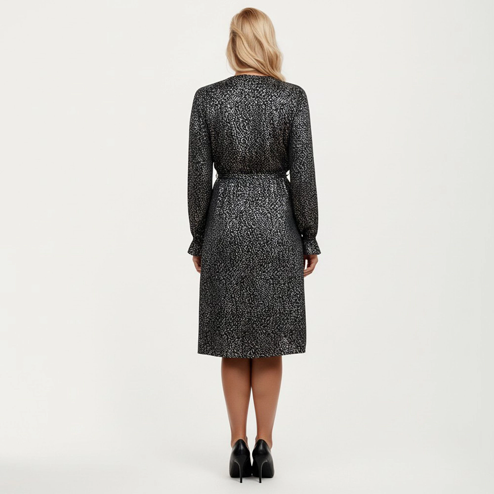 Anna-Kaci Women's Plus Dotted Print Long Sleeve V Neck Fitted Waist Flowy Skirt Midi Dress