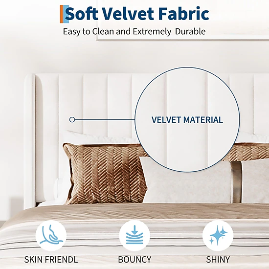 BebreezChic Bed Frame with Velvet Wingback Headboard, Vertical Tufting, No Box Spring