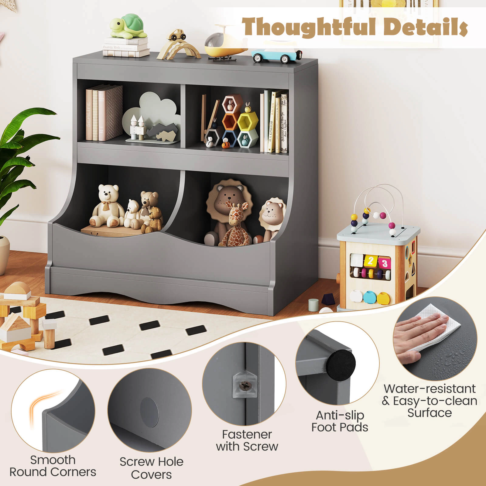 Costway Toy Storage Organizer for Toys & Books 4-Cubby Kids Bookcase Children's Room Gray