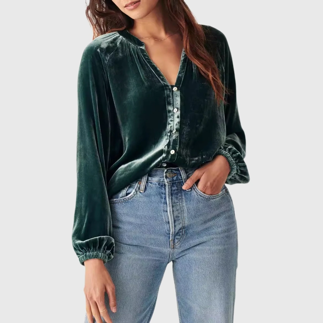 YesFashion Women's Velvet Shirts Tops Casual Pleated V Neck Puff Long Sleeve Button Down Work Blouse
