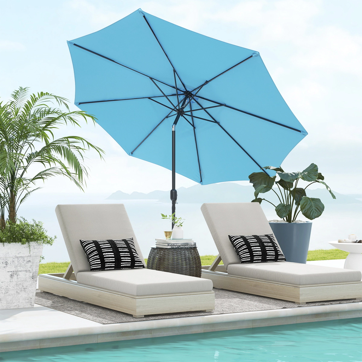 SUGIFT 10-ft Blue Market Table Patio Umbrella with Push Button Tilt Crank Lift and 8 Steel Ribs for Garden