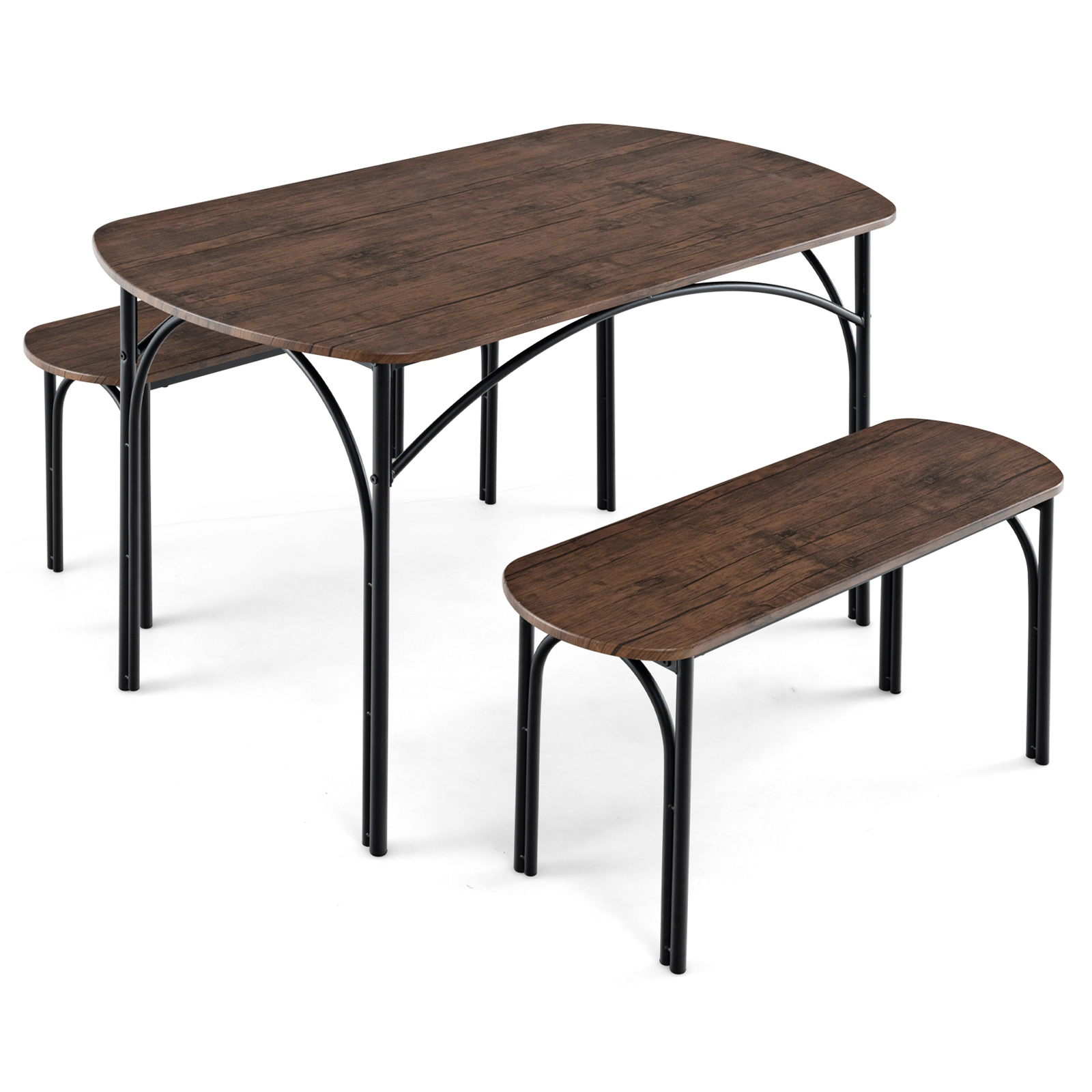 SUGIFT 3-Piece Dining Table Set with Metal Frame and Benches 200-lb Table 660-lb Benches Brown+Black