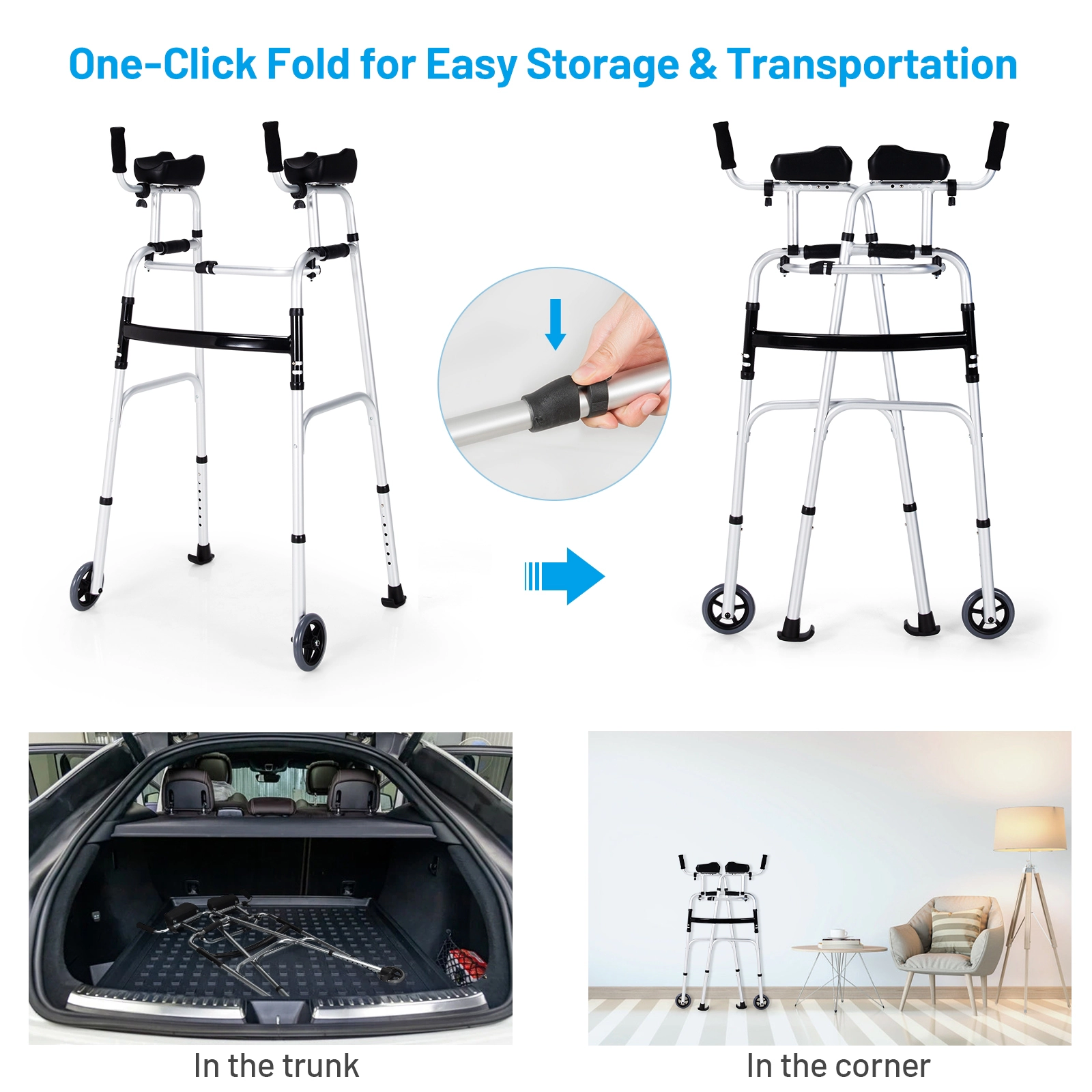SUGIFT Silver Folding Walker with Adjustable Armrest Support 23.5-in W 21.5-in D 47.5-in H 440-lb User Capacity