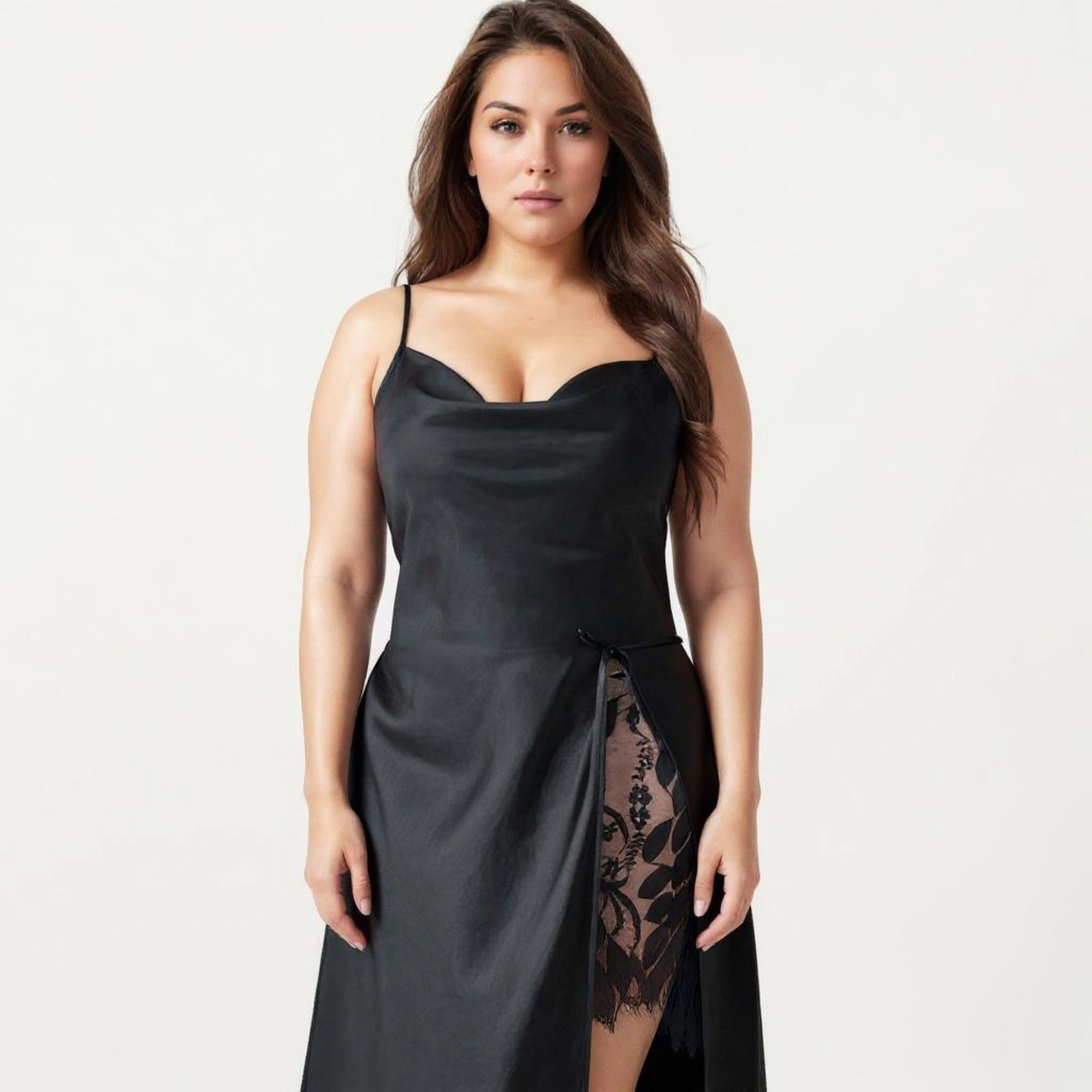 Anna-Kaci Women's Plus Satin Wrap Nightgown Lace Trim Adjustable Spaghetti Straps Side Tie Midi Length Dress