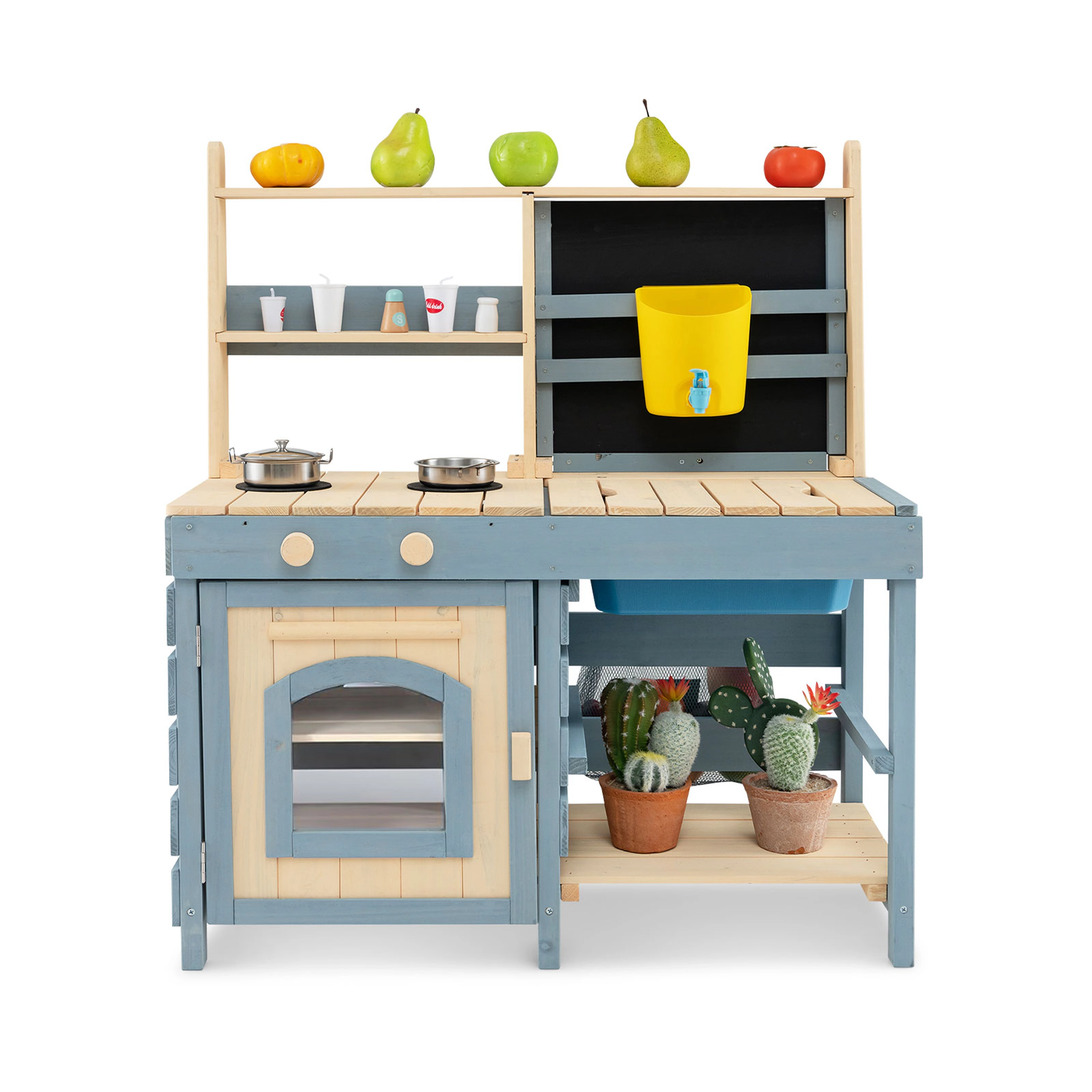 SUGIFT 2-in-1 Kids Wooden Mud Kitchen and Grocery Store Playset with Faucet Water Tank and Chalkboard