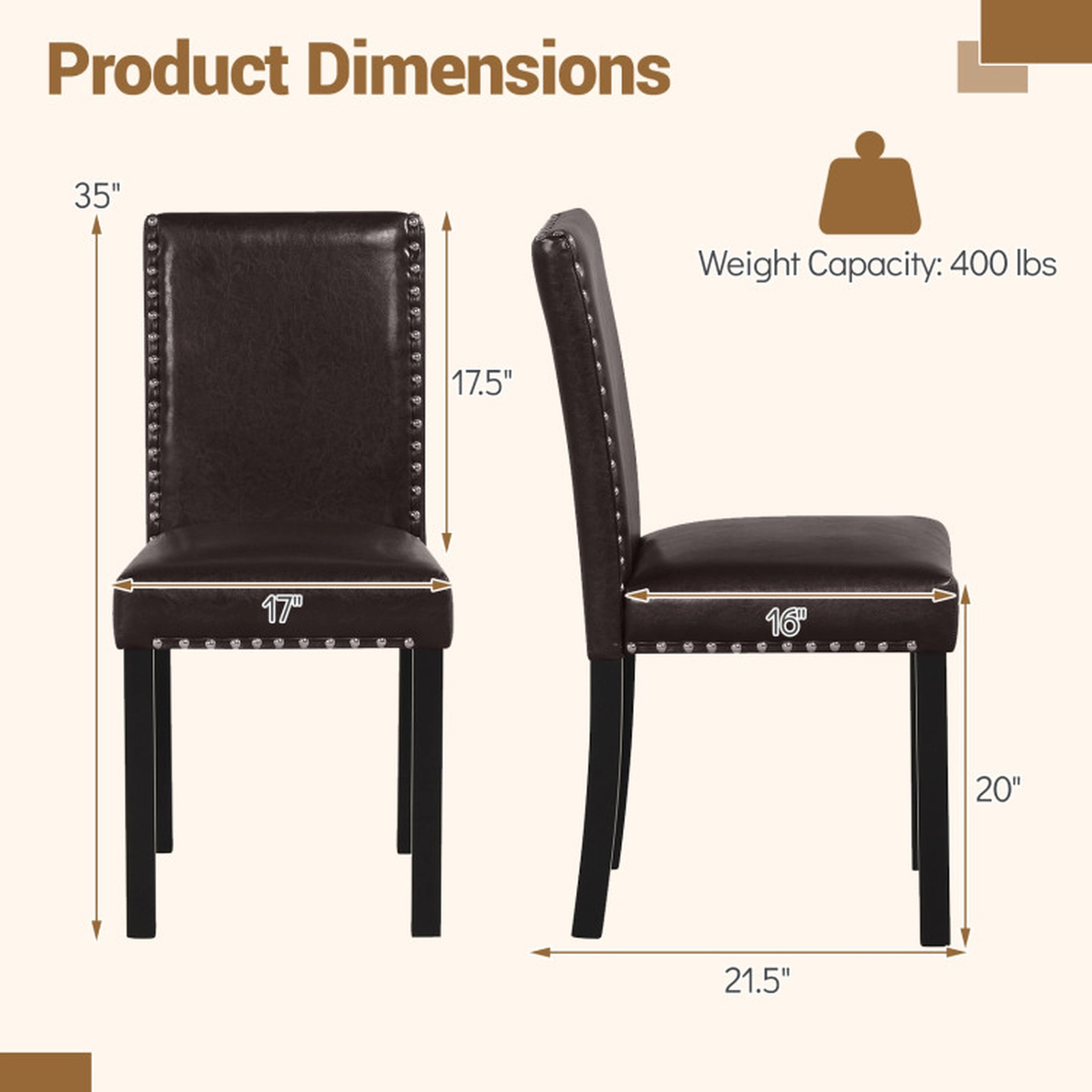 SUGIFT Set of 2 Brown Faux Leather Parsons Dining Chairs with Nailhead Trim