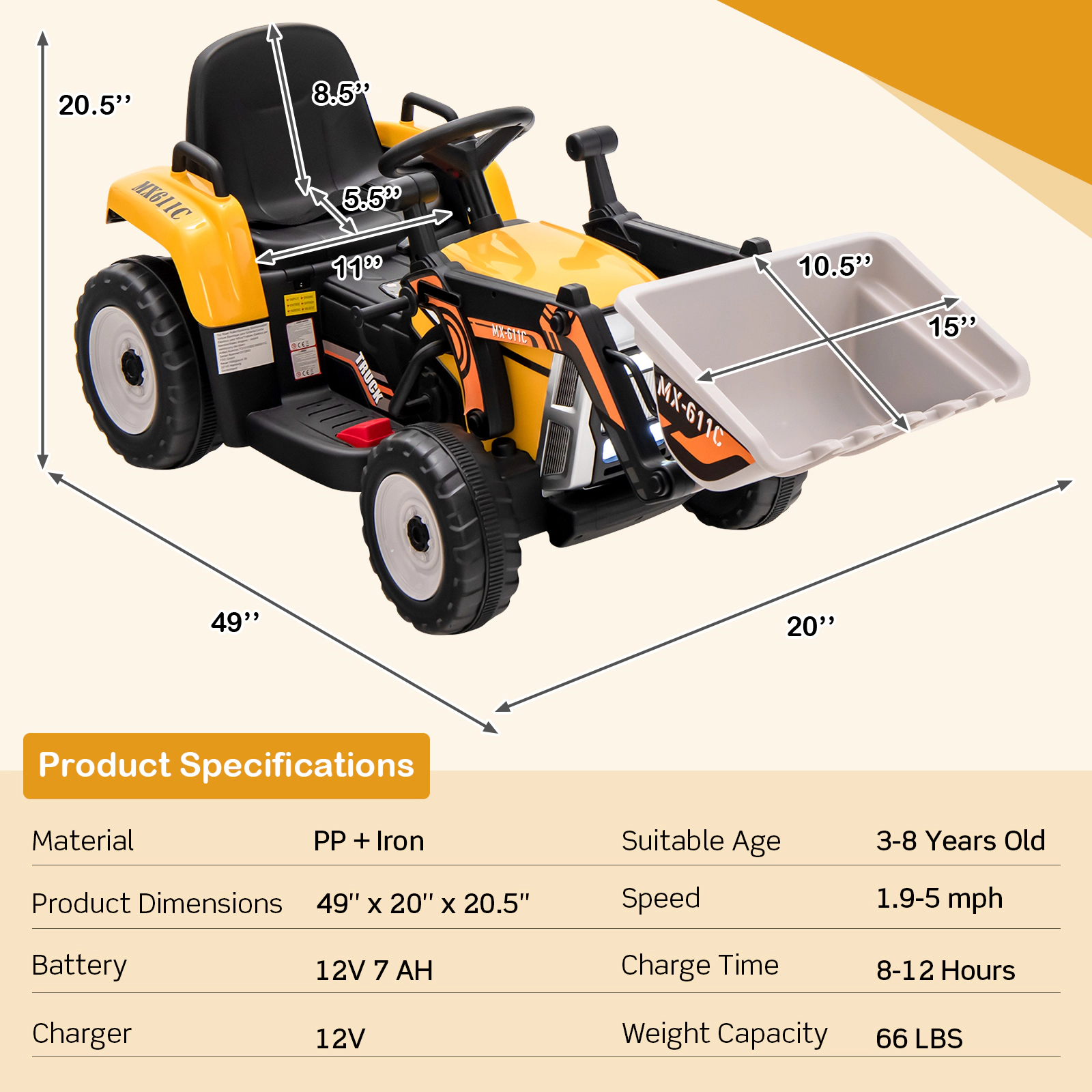 Glintex 12V Kids Ride-On Excavator with an Adjustable Bucket Arm