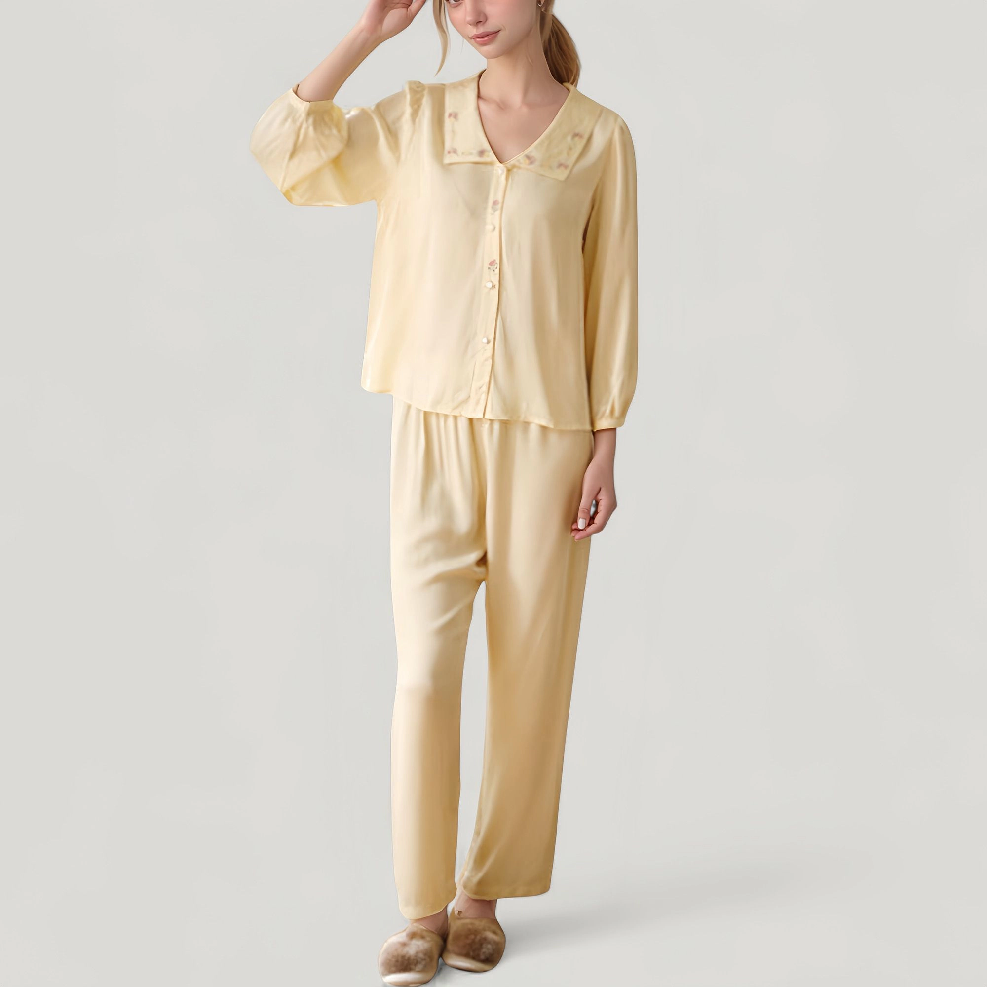 Anna-Kaci Women's Woven Two-Piece Pajama Set with Embroidered Sailor Collar and Button Down Top