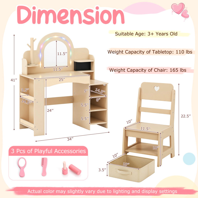 Hivvago Kids Vanity Set With Colorful Led Lights Princess Makeup Dressing Table Chair