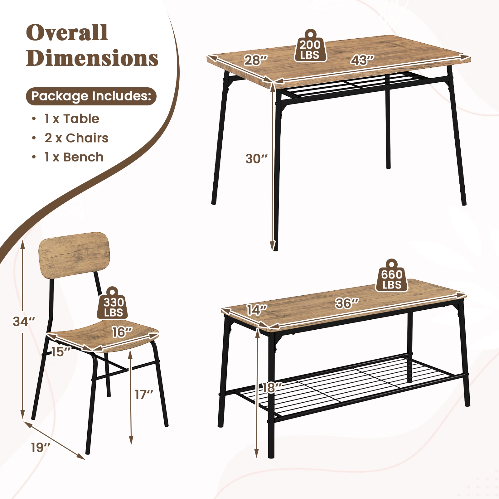 LJG 4 Piece Dining Table Set for 4 Metal Frame with Bench and 2 Chairs