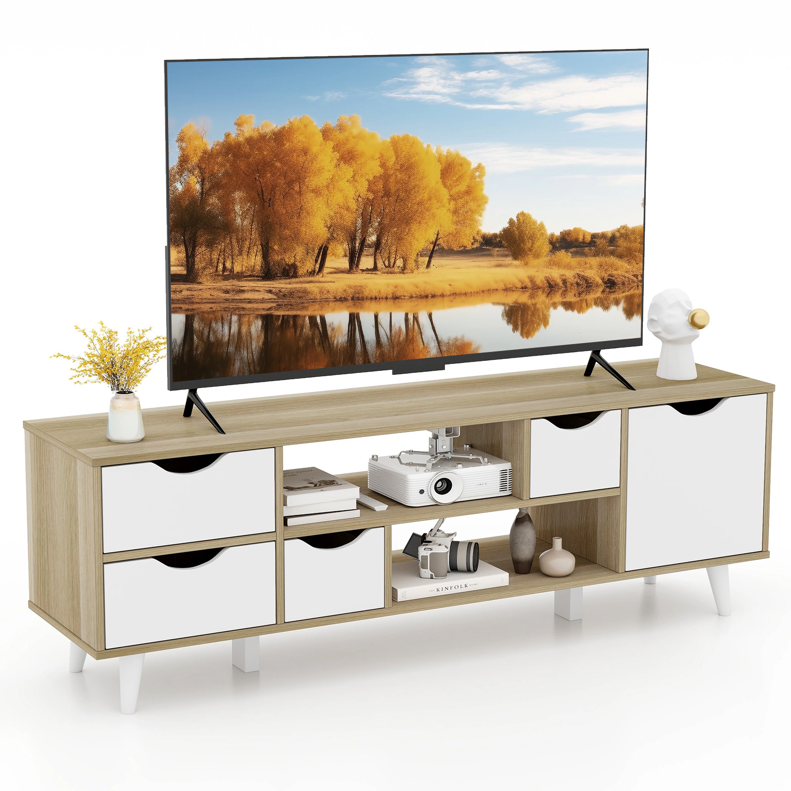SUGIFT Oak TV Stand for TVs Up to 55 in, Media Console with 4 Drawers and 2 Open Shelves