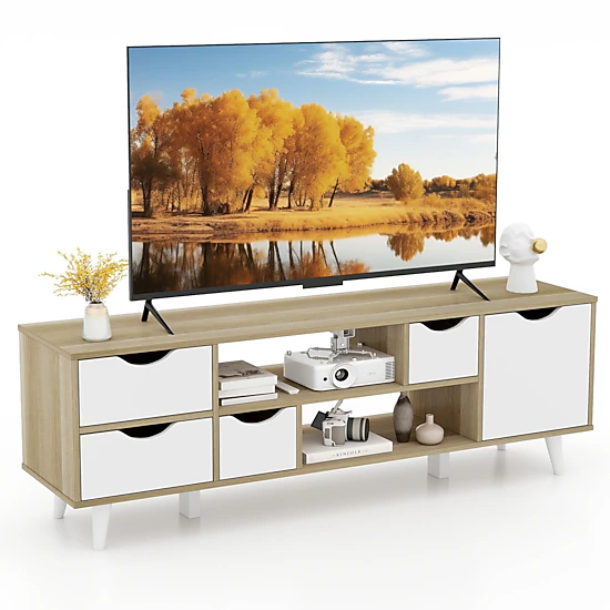 SUGIFT Oak TV Stand for TVs Up to 55 in, Media Console with 4 Drawers and 2 Open Shelves