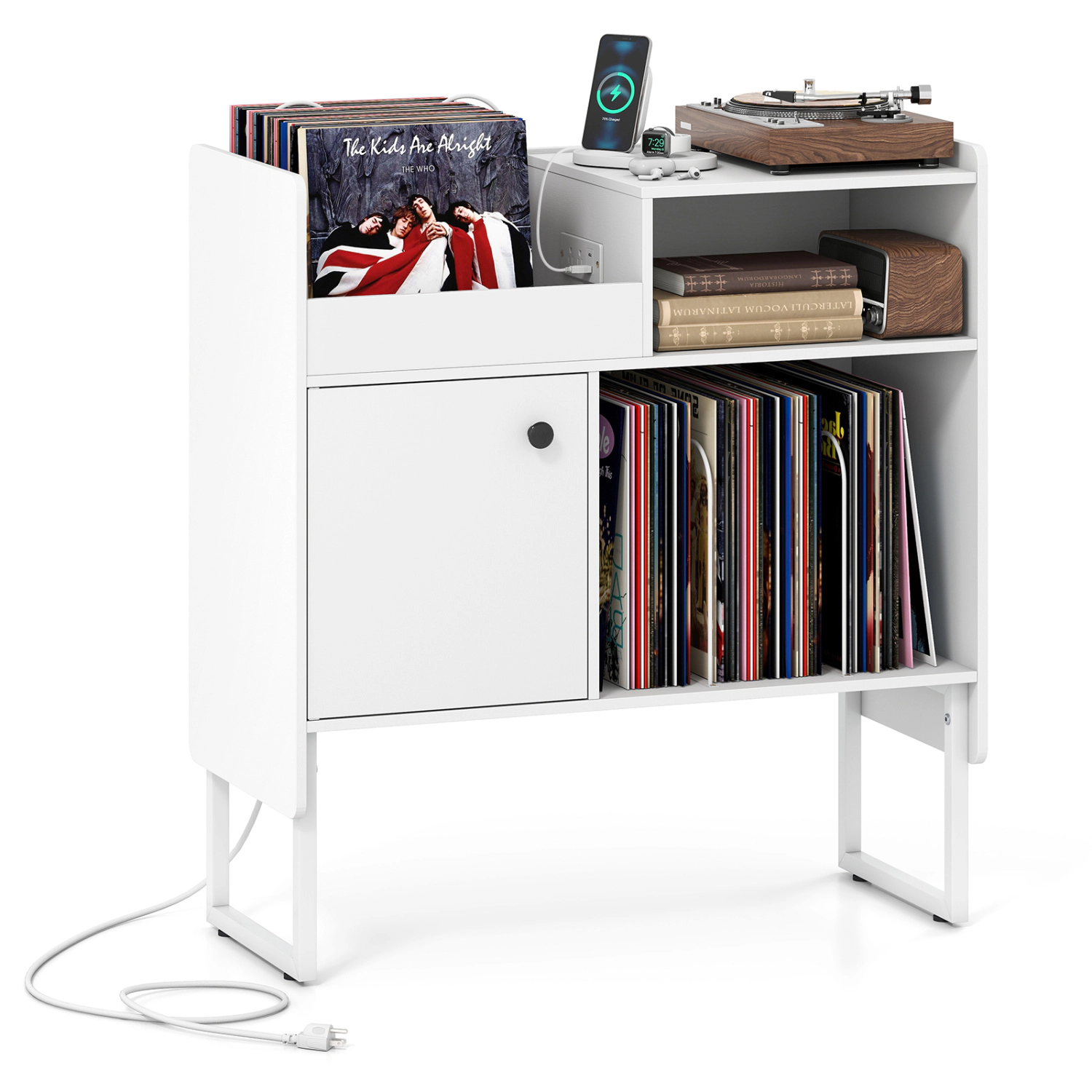 SUGIFT Record Player Stand White with Power Outlets and Vinyl Storage for 250 Albums