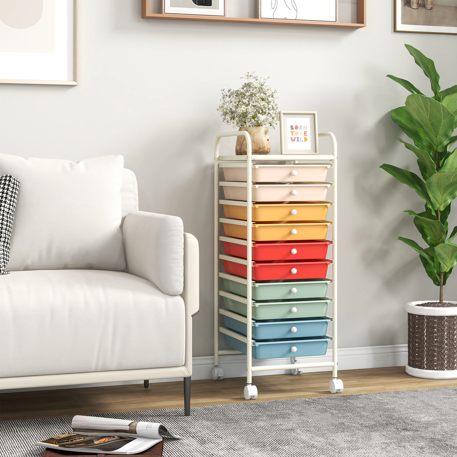 SUGIFT 34-in 10-Drawer Rolling Storage Cart Craft Organizer with Removable Drawers and 4 Universal Casters