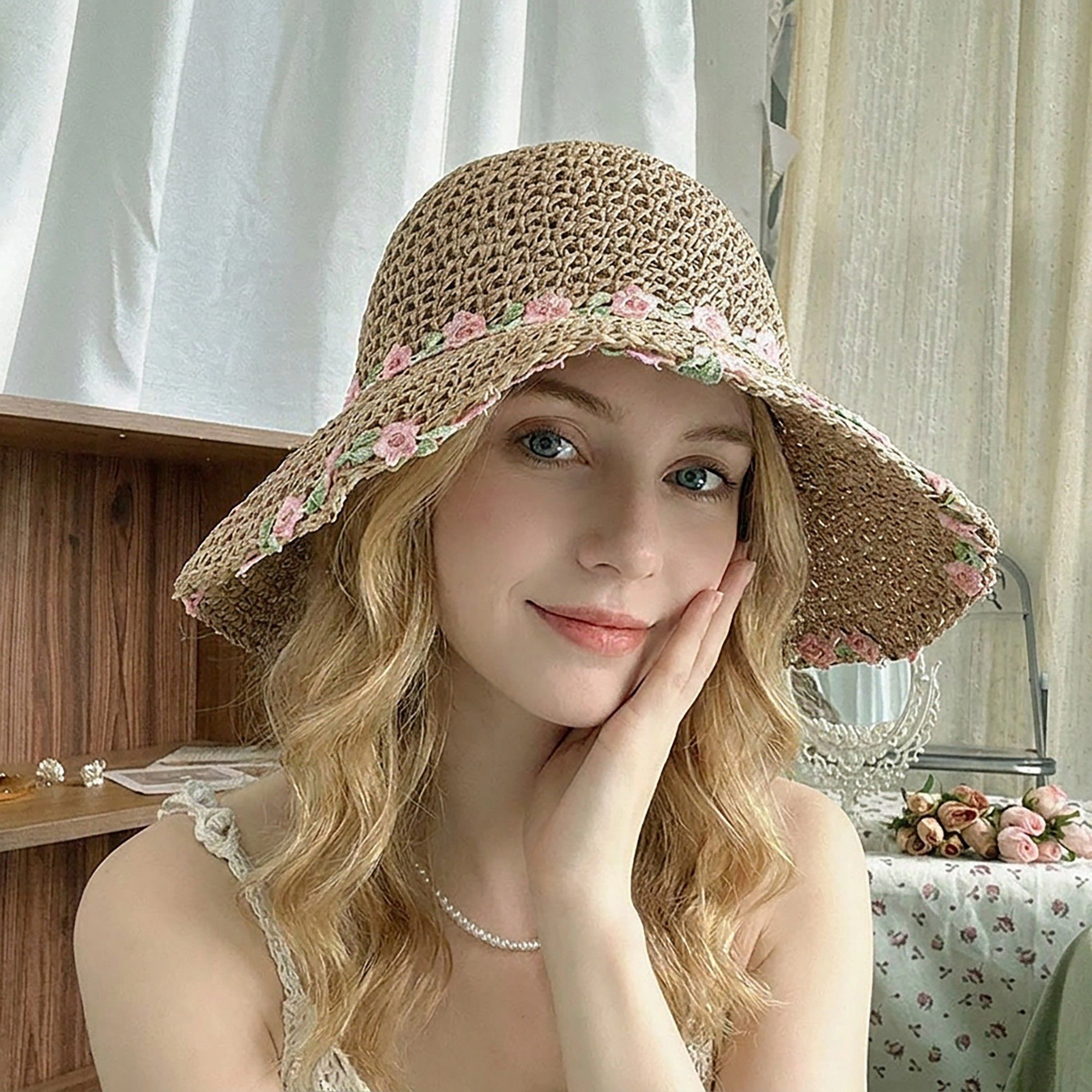 Anna-Kaci Women's Crochet Bucket Sun Hat with Floral Embroidery and Wavy Brim Design