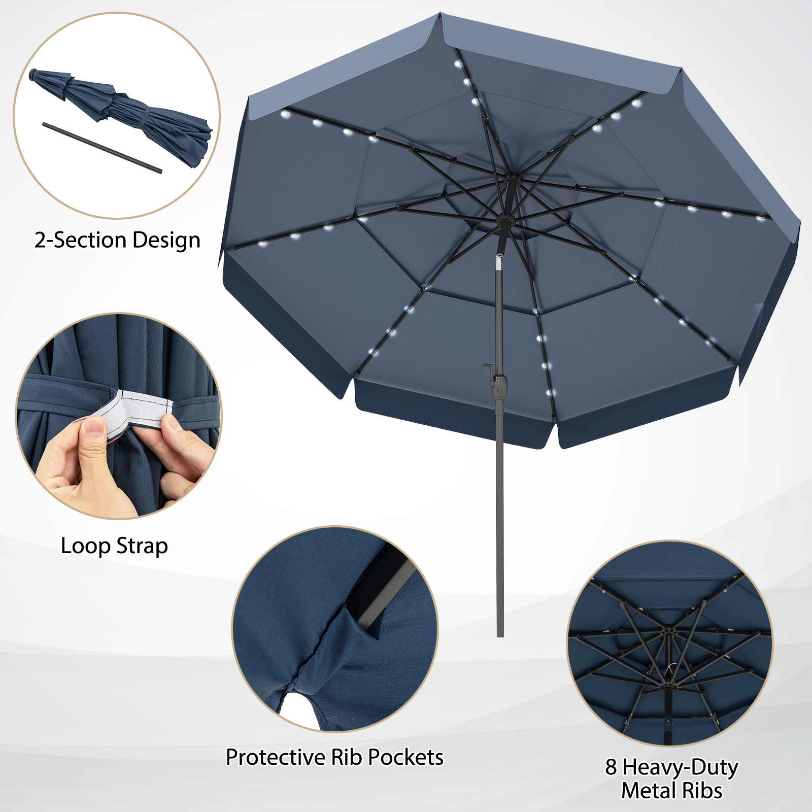 SUGIFT Navy 10 ft Solar Patio Umbrella with 3-Tier Vented Top and Auto Tilt