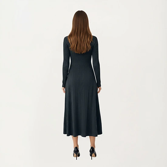 Anna-Kaci Women's Long Sleeve Ribbed Knit Midi Dress with Cutout Neckline Detail