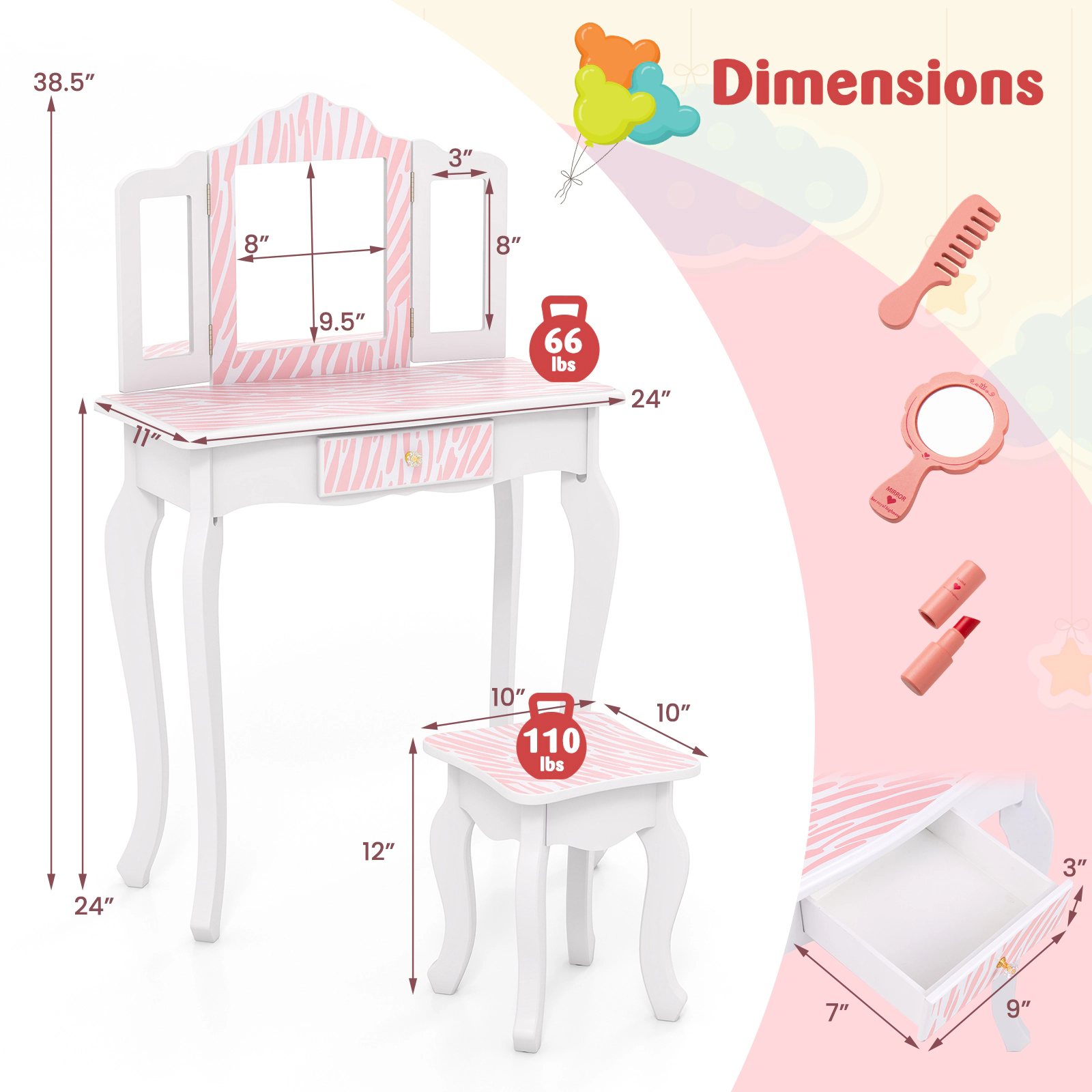 Hivvago Kids Vanity Set with Drawer and 3 Makeup Accessories