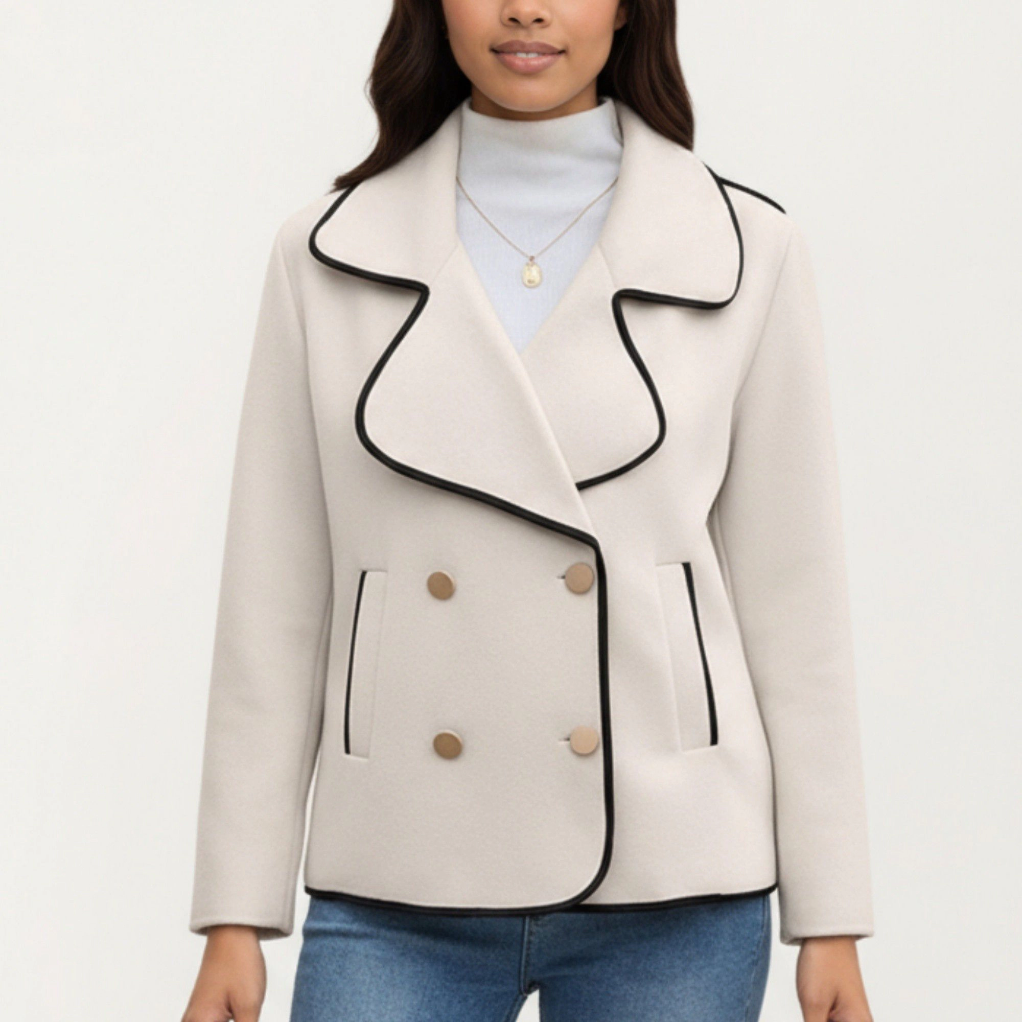 Anna-Kaci Women's Double Breasted Peacoat with Contrast Trim and Wide Lapel Collar