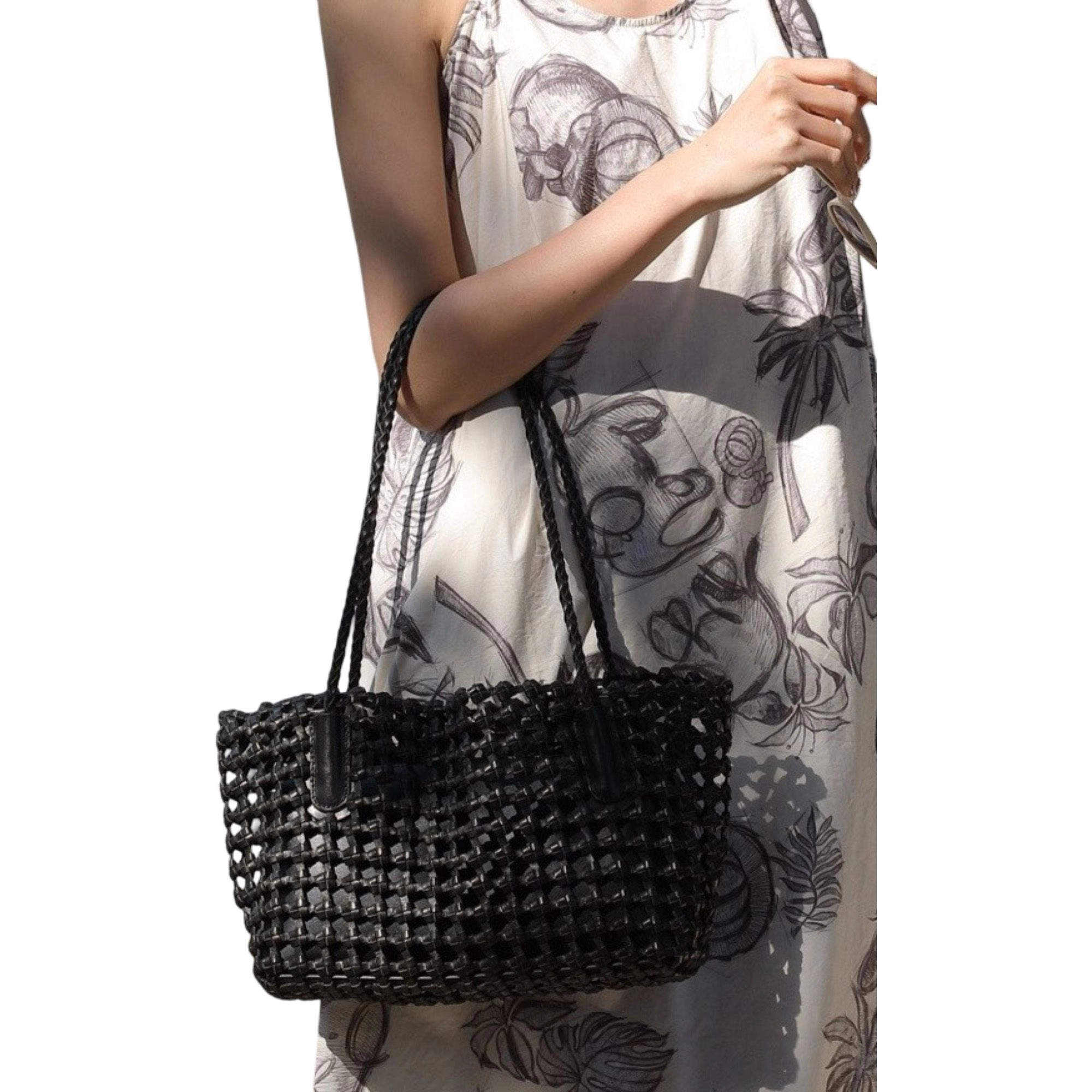Alilang Women's Open Weave Leather Tote Bag with Braided Shoulder Straps and Interior Zip Compartment