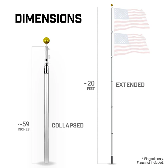 G128 20 ft Telescoping Aluminum Flagpole - Heavy Duty 16 Gauge Inground Telescopic Pole, Silver