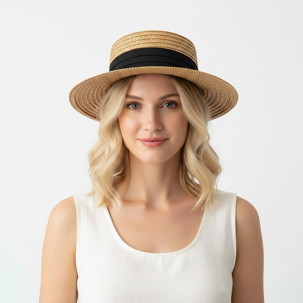 Anna-Kaci Womens Straw Boater Hat Flat Top Wide Brim Summer Beach Sun Hat Lightweight, Natural