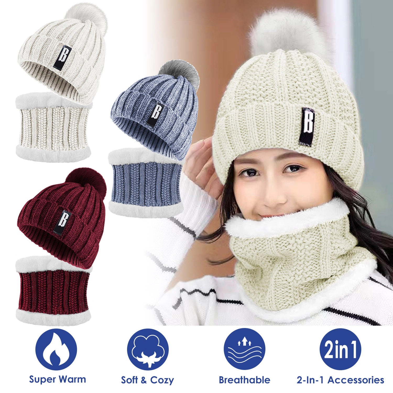 GBruno 2-in-1 Knit Beanie Hat And Scarf Set