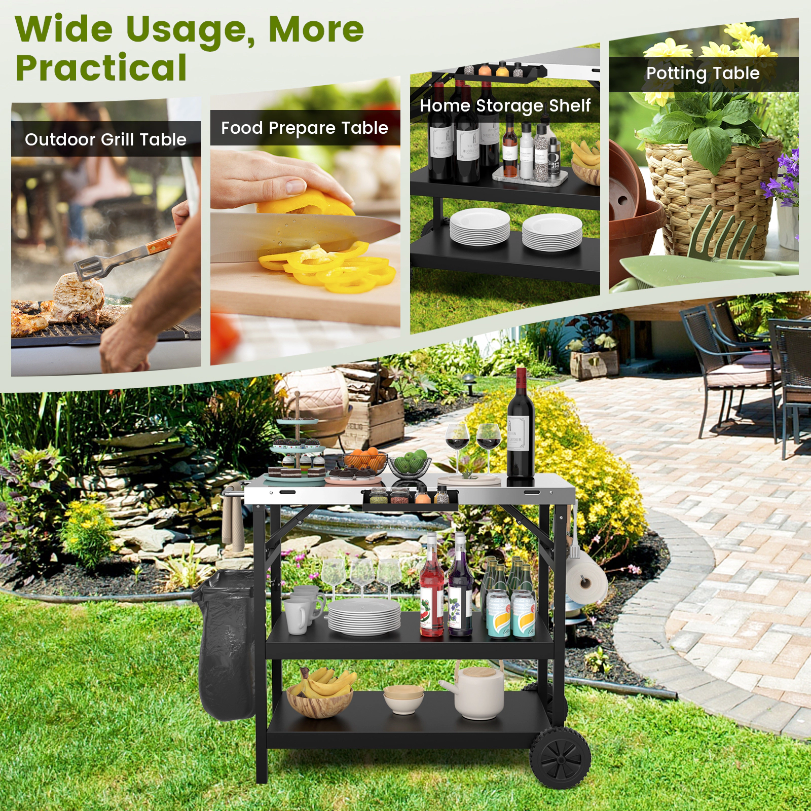 SUGIFT 110-lb Top Capacity 3-Tier Black Foldable Outdoor Cart with Adjustable Middle Shelf and 4 Hooks