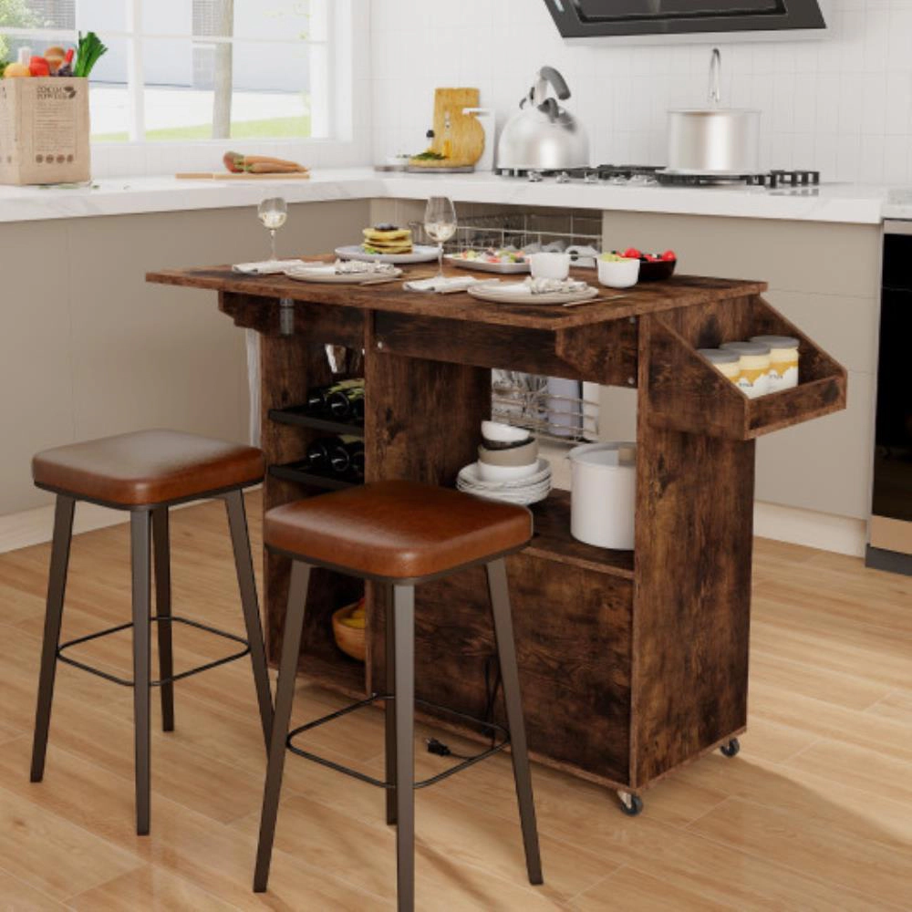 Hivvago Drop Leaf Mobile Kitchen Island Cart with Power Outlet and Adjustable Shelf