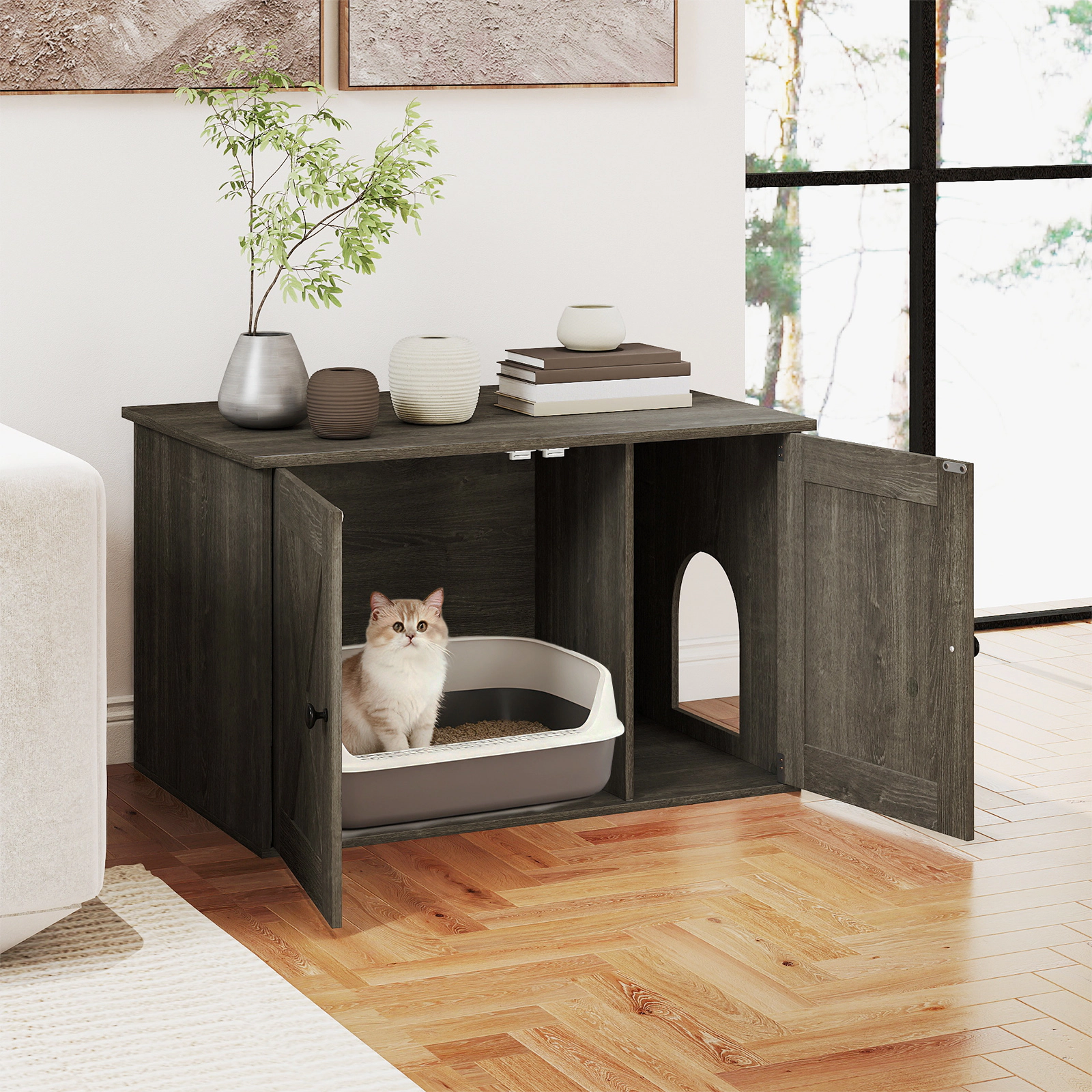 SUGIFT 31.5 x 20-in 66-lb Capacity Oak Hidden Cat Litter Box Enclosure Furniture with Divider and Dual Doors