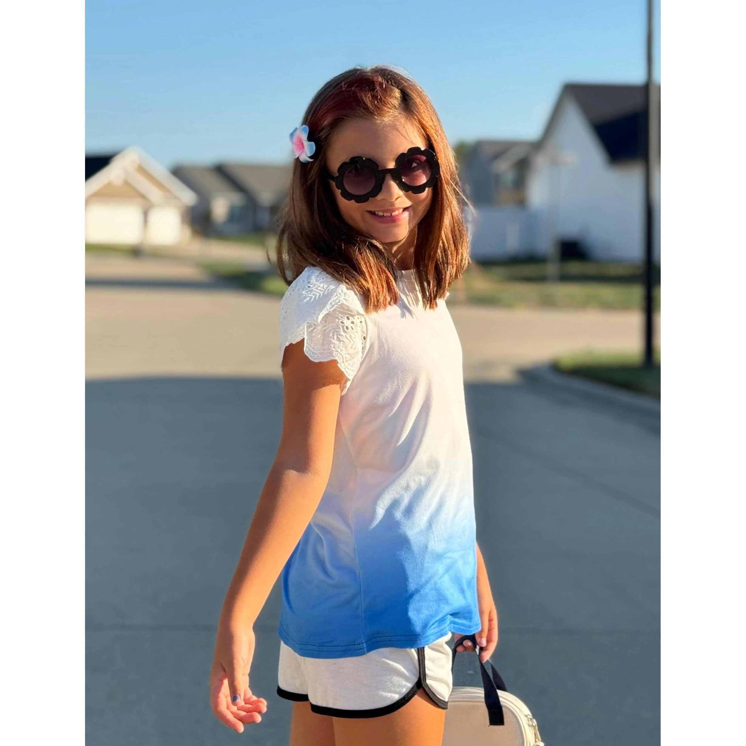 Arshiner Girl's Lace Petal Sleeve Crewneck T-Shirt