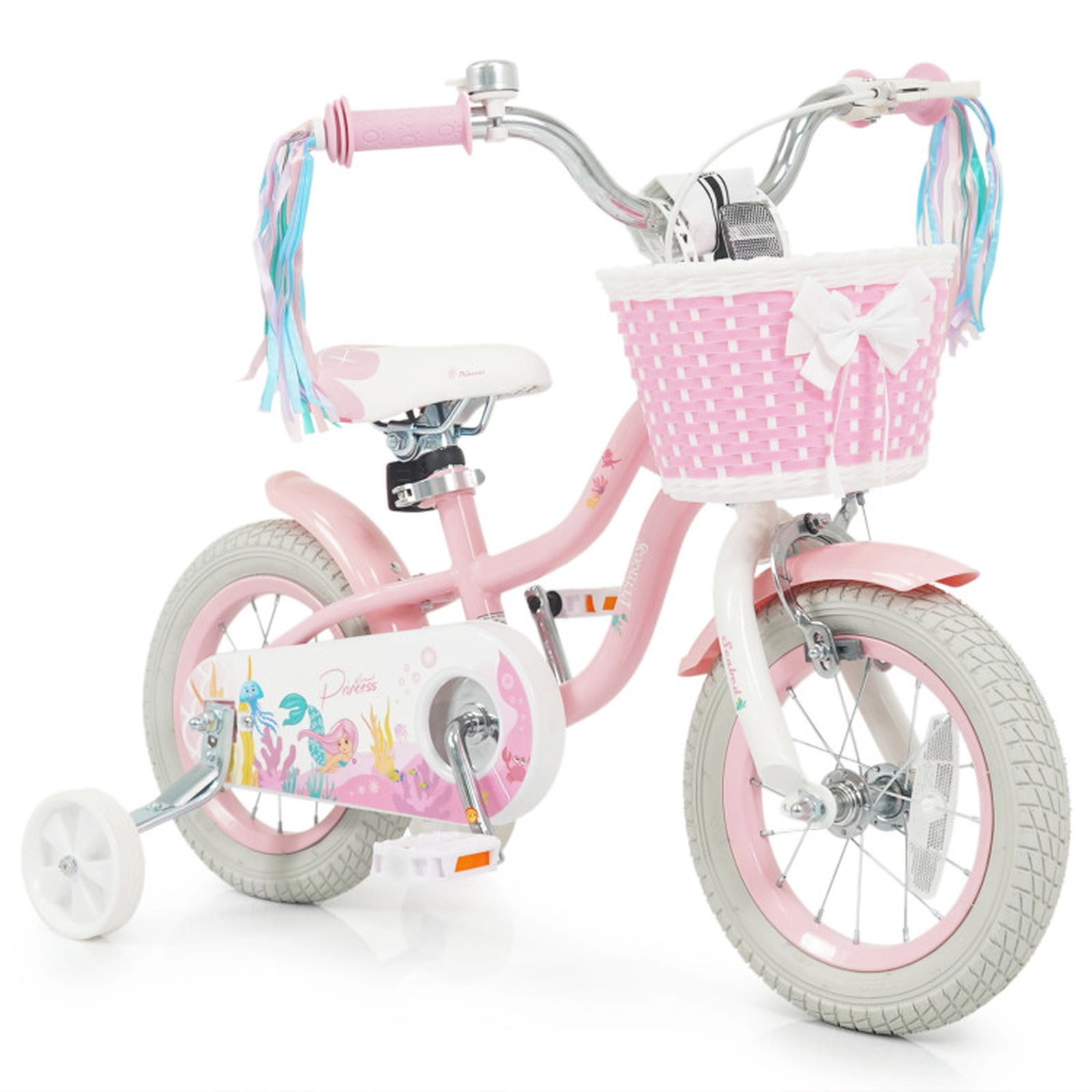 SUGIFT Adjustable 12-Inch Kids Bicycle with Training Wheels Basket and Streamers 110-lb Capacity Ages 3-4 Pink