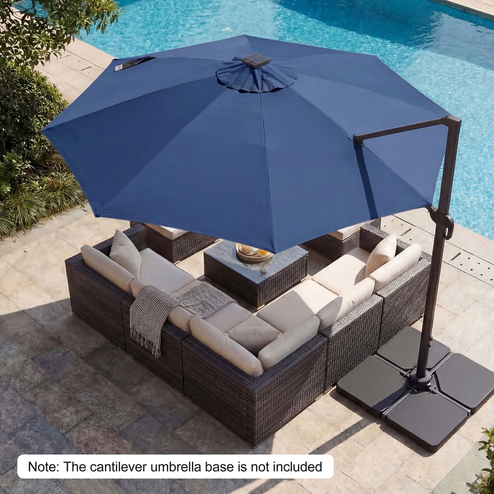 SUGIFT 10 ft Navy Blue Cantilever Patio Umbrella, 6-Level Tilt, 360-Degree Rotation, Solar LED Lights