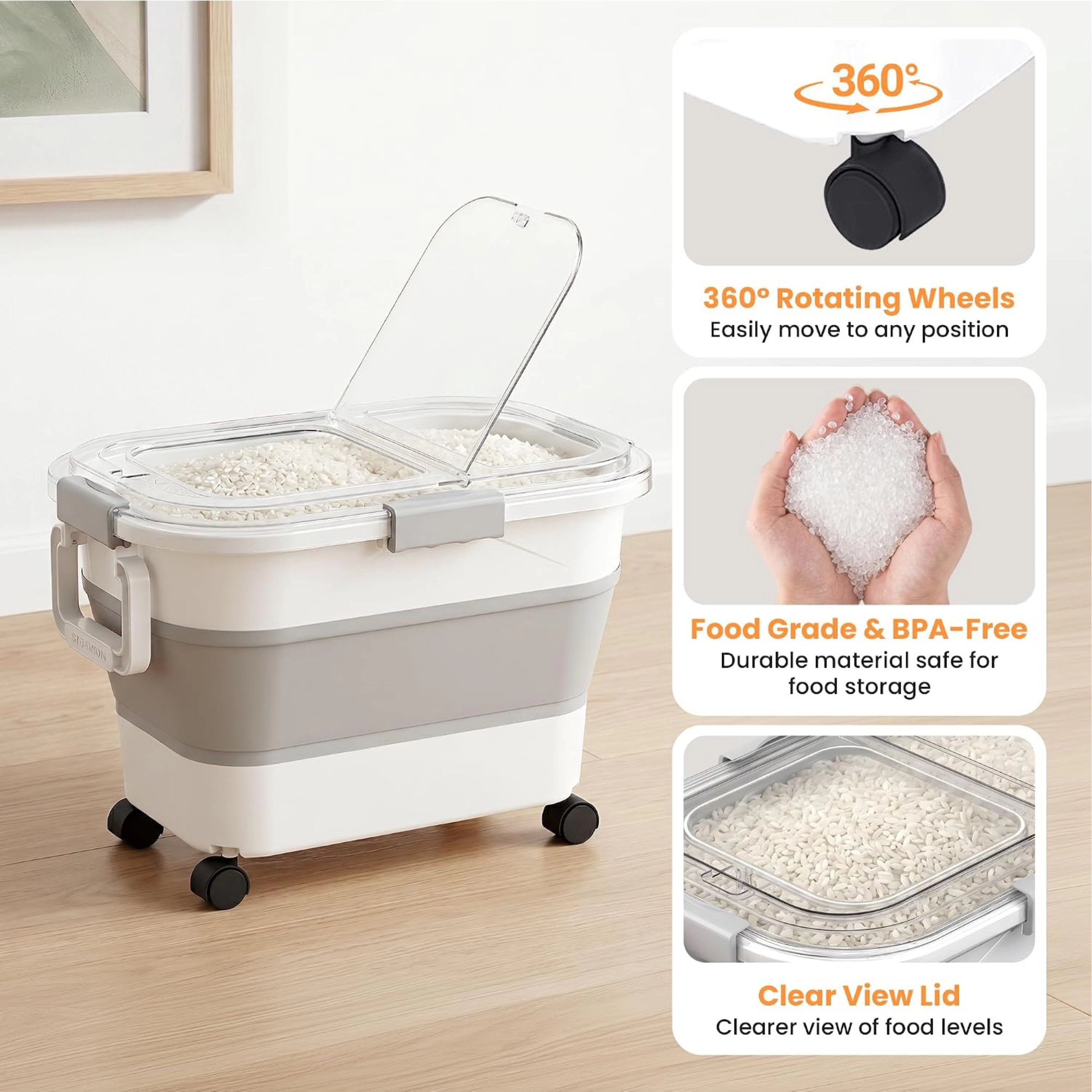 Stock Preferred Collapsible Airtight Rice Storage Container with Wheels Scoop and Measuring Cup 30 lbs