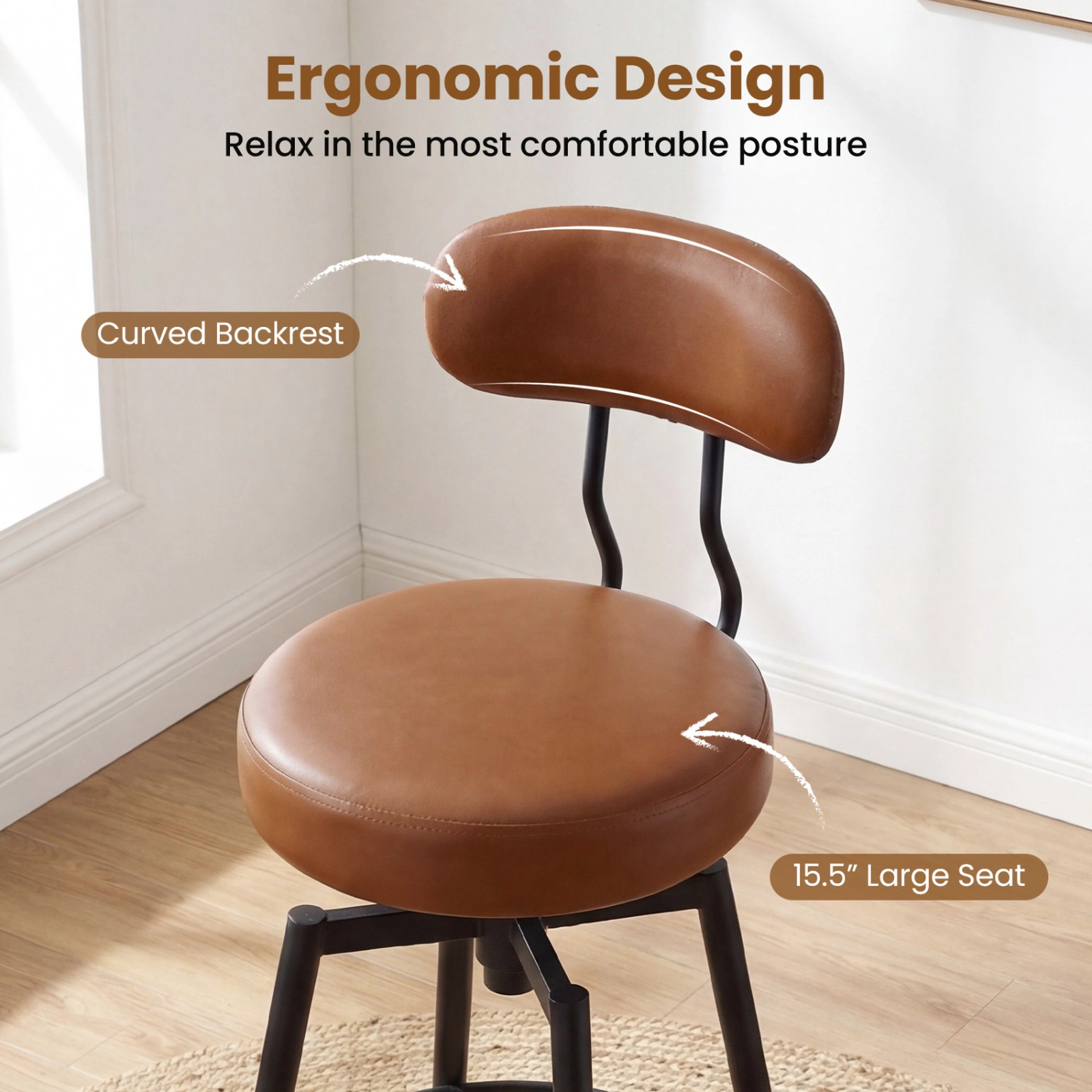 SUGIFT Set of 2 360° Swivel Bar Height Faux Leather Upholstered Bar Stools 330-Lb Capacity 30-in Seat Brown